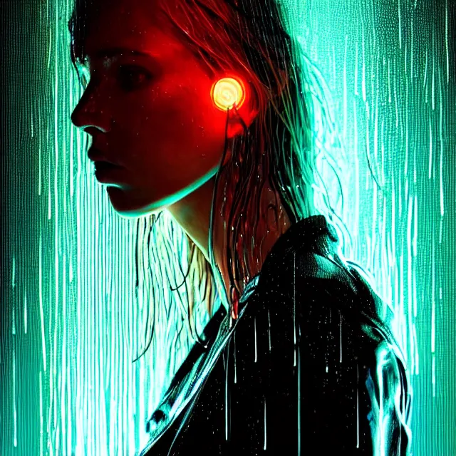 Image similar to bright aesthetic portrait LSD glowing backlit rain on face and wet hair, cyberpunk, overhead lighting, fantasy, intricate, elegant, dramatic lighting, highly detailed, lifelike, photorealistic, digital painting, artstation, illustration, concept art, smooth, sharp focus, art by John Collier and Albert Aublet and Krenz Cushart and Artem Demura and Alphonse Mucha