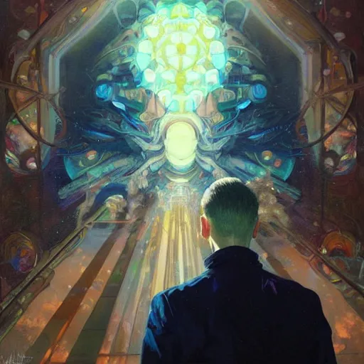 Prompt: an hyper intricate oil painting of mind blown young man!!!!!, cannot comprehend, surreal, excellent composition, by yoshitaka amano, by greg rutkowski, by alphonse mucha, by rhads, by ross tran, trending on artstation