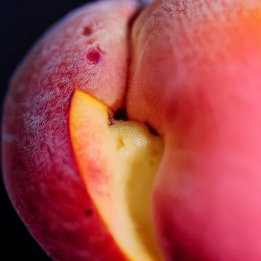 Image similar to a macro photo of a round peach's dry hairy skin, hyper realistic, hyper detailed, 35mm, very grainy film, pink volumetric studio lighting, bokeh, black background award winning shot, vogue magazine, cinematic, 8k, very closeup, elegant, tender, pastel