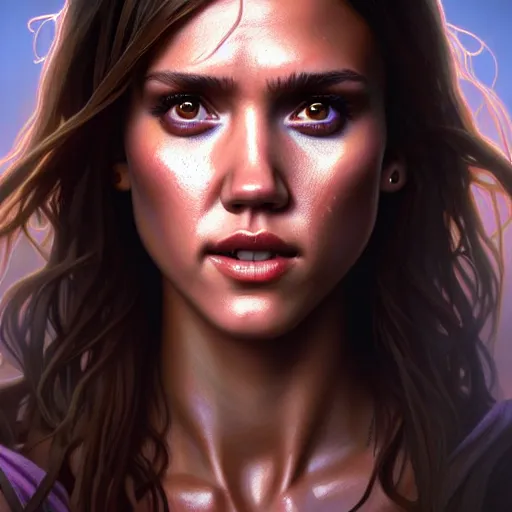 Image similar to beautiful digital painting jessica alba the evil dead with high detail, 8 k, stunning detail, photo by artgerm, greg rutkowski and alphonse mucha, unreal engine 5, 4 k uhd