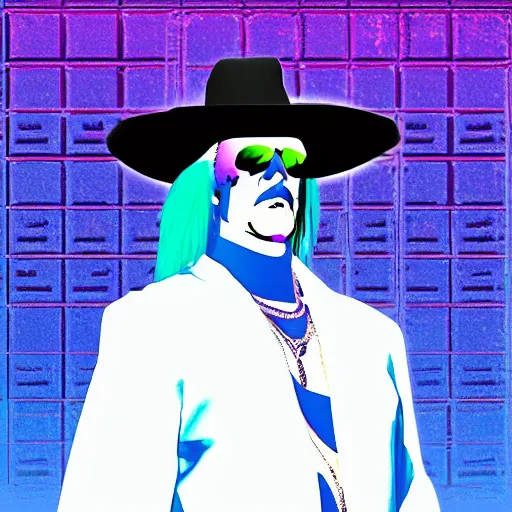 Image similar to undertaker in a vaporwave style