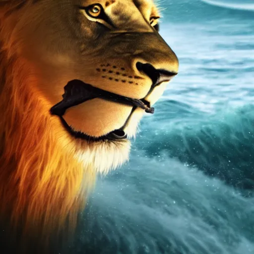 Image similar to a male lion's face breaching through a wave, stormy weather, ocean sprites, closeup of face, trending on artstation, dark lighting, face encircled by ocean wave