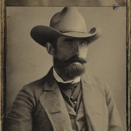 Image similar to A photograph portrait of Jerma985 as a cowboy with a pyramidal mustache in the late 1800s, taken in the late 1800s, 1870s, grainy, taken on a Field View Camera, realistic, hyperrealistic, very realistic, highly detailed, very detailed, extremely detailed, detailed, digital art, trending on artstation