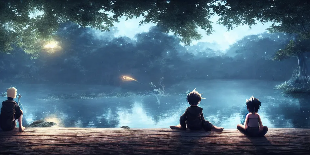 Image similar to a silver dragon and a boy sitting next to lake in forest, many fireflys, at night, concept art, dof, cryengine, digital art, detailed background, makoto shinkai