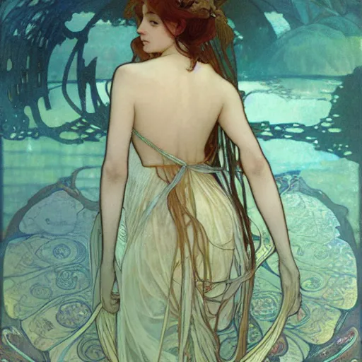 Image similar to girl in a long dress underwater, caustics, painting by Alphonse Mucha Ayami Kojima Amano Charlie Bowater