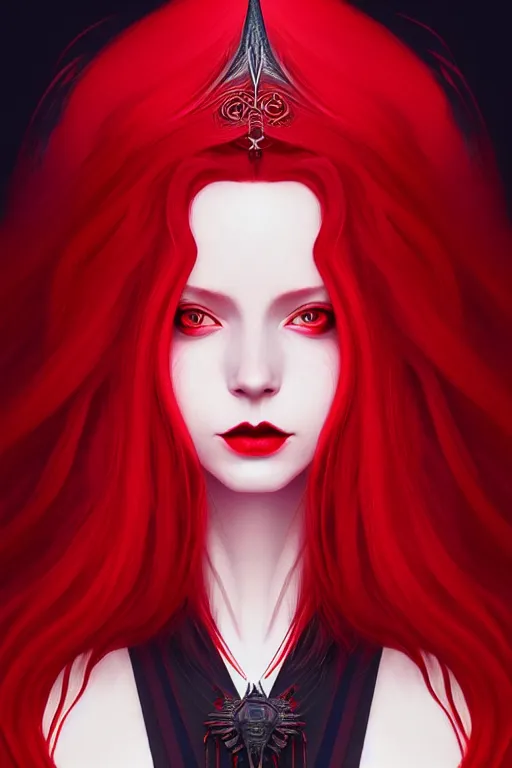 Image similar to a portrait of red witch queen with raven, fantasy, sharp focus, intricate, elegant, digital painting, artstation, matte, highly detailed, concept art, illustration, ambient lighting, art by ilya kuvshinov, artgerm, jingna zhang, and greg rutkowski