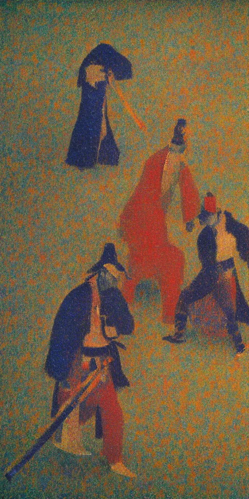 Prompt: a film still of ghost dog way of samurai 1 9 9 9 movie, painted by georges seurat, impressionism, pointillism, detailed