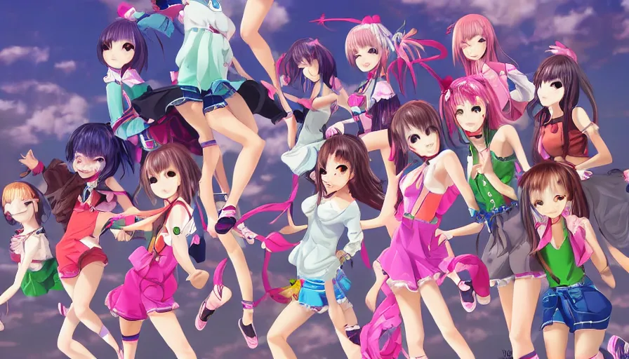 Image similar to group of cute anime characters jumping, colorful outfits, realistic face, detailed face, detailed eyes, short miniskirts, lightly dressed, ultra detailed digital art, hyper real, detailed, group photo, ultra detailed, ground up angle