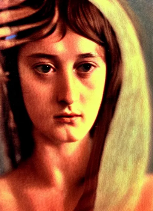 Image similar to 1971 film still from an Italian drama film of a young French actress as the goddess of razor blades. ultra detailed painting at 16K resolution and amazingly epic visuals. epically beautiful image. amazing effect, image looks gorgeously crisp as far as it's visual fidelity goes, absolutely outstanding. vivid clarity. ultra. iridescent. mind-breaking. mega-beautiful pencil shadowing. beautiful face. Ultra High Definition. godly shading. amazingly crisp sharpness. photorealistic film cel processed twice..