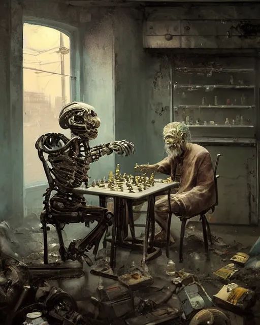 Prompt: a highly detailed epic cinematic concept art CG render digital painting artwork: A robot playing chess with a dead old man in a decayed gas station. volumetric lighting. By Greg Rutkowski, in the style of Francis Bacon and Syd Mead and Norman Rockwell and Beksinski, open ceiling, highly detailed, painted by Francis Bacon and Edward Hopper, painted by James Gilleard, surrealism, airbrush, Ilya Kuvshinov, WLOP, Stanley Artgerm, very coherent, triadic color scheme, art by Takato Yamamoto and James Jean