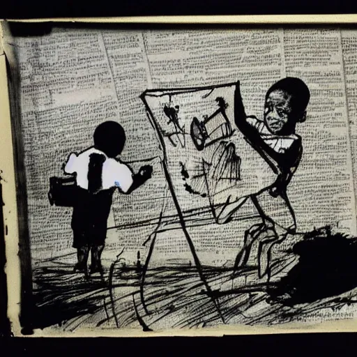 Image similar to award winning william kentridge drawing of a south african boy dashing home across a childrens story illustration urban township landscape, to save his little brother, who is accidentally playing with parafin