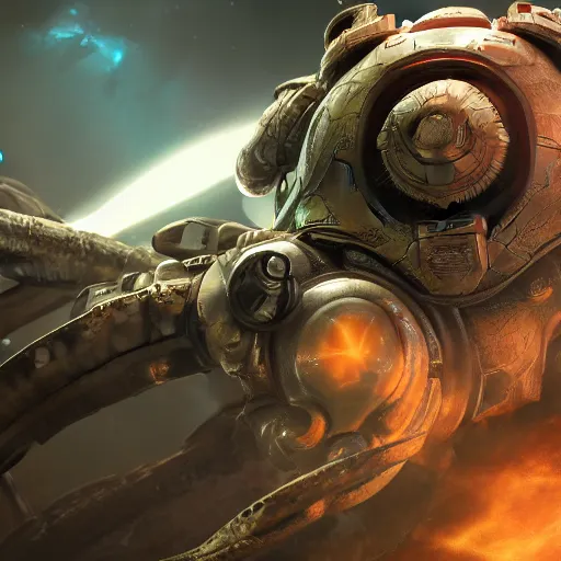 Image similar to An octopus wearing a spacemarine armor in outer space, spacecraft, nebula, octane render, 3d, unreal engine, highly detailed, 4k, 8k
