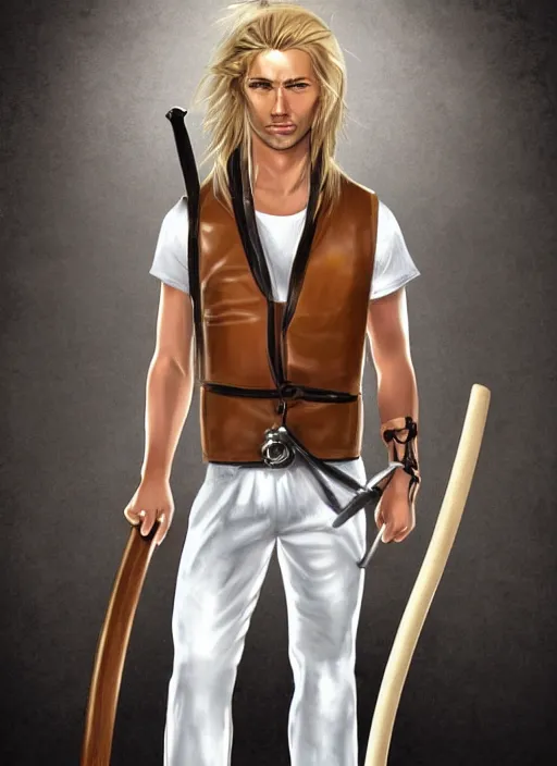 Image similar to a male ranger with a bongo drum and holding nunchaku, wearing a leather vest and white linen pants, chiseled good looks, long swept back blond hair, puka shell necklace, dnd, digital art