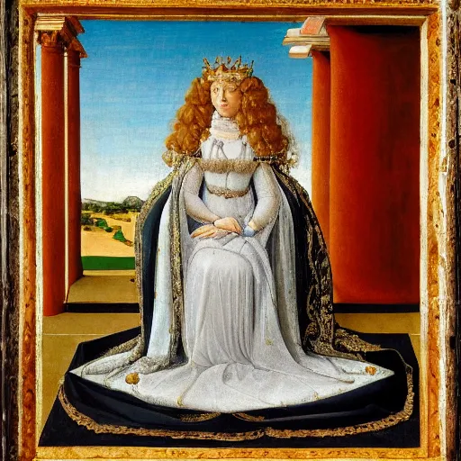 Prompt: portrait of a white poodle with curly white hair as an italian queen, painting by botticelli, 1 4 8 0 s