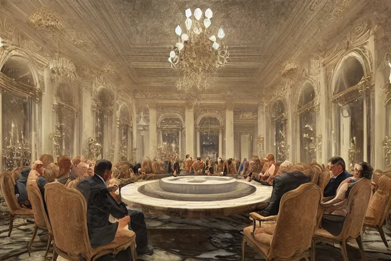 Prompt: palette knife oil painting. marble floors. grand halls, where a circle of distinguished, middle - aged individuals sit at a meeting, deep in conversation. extreme detail, mystical, ice, glass, artstation trending, artgerm, deviant art, octane, substance, art history 8 k