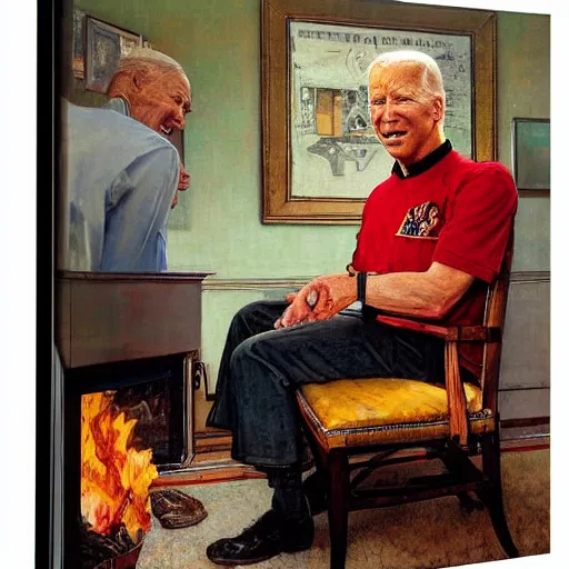 Prompt: eye level portrait painting by Norman Rockwell of Joe Biden sitting in a chair at a 45 degree angle from the camera. Cozy fire. Legs apart