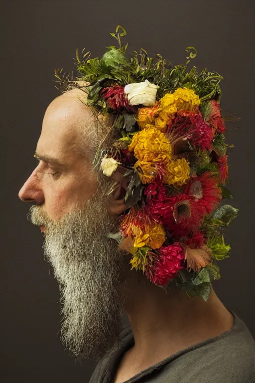Prompt: a man's face in profile, long beard, a helmet made of flowers and fruit, in the style of the Dutch masters and Gregory crewdson, dark and moody