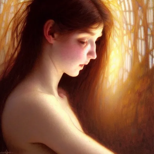 Prompt: portrait of an innocent girl manifesting eternity in a blink, face, fantasy, intricate, elegant, dramatic lighting, highly detailed, lifelike, photorealistic, digital painting, artstation, concept art, smooth, sharp focus, illustration, art by John Collier and Krenz Cushart and Artem Demura and Alphonse Mucha and and Albert Aublet