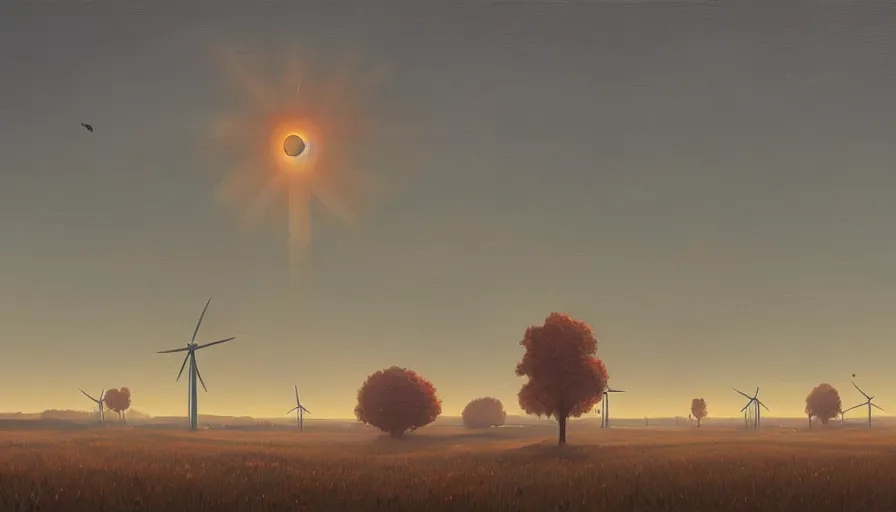 Image similar to big field of wind mills, early morning sun in the sky, one tree, simon stalenhag