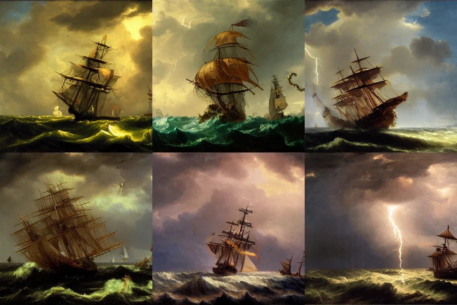 Prompt: a sea kraken attacking a 1700's trading galleon, the kraken tentacles are wrapped around the ship's mast, stormy sky, lightning, lightning, lightning, albert bierstadt, oil painting, 4k