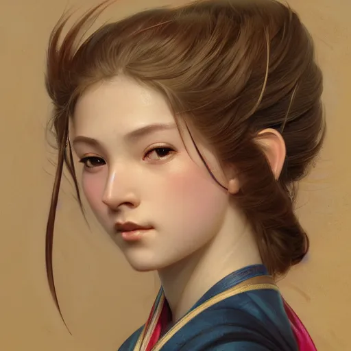 Image similar to portrait of a young girl samurai warriro, intricate, elegant, highly detailed, digital painting, artstation, concept art, smooth, sharp focus, illustration, art by artgerm and greg rutkowski and alphonse mucha and william - adolphe bouguereau