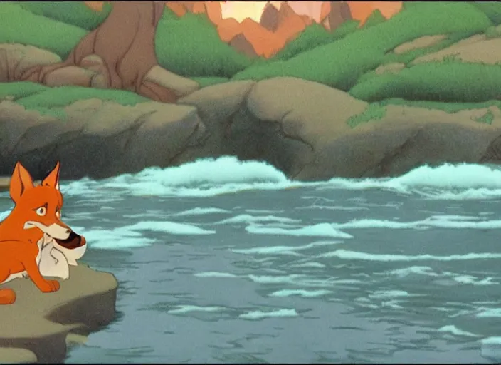 Prompt: sunningrocks by the river's shore, still frame from the fox and the hound ( 1 9 8 1 )