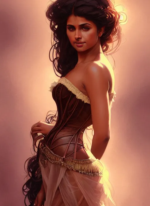 Image similar to cute brown woman wearing a translucent corset dress, fantasy, intricate, highly detailed, digital painting, artstation, concept art, wallpaper, smooth, sharp focus, illustration, art by artgerm and greg rutkowski and alphonse mucha