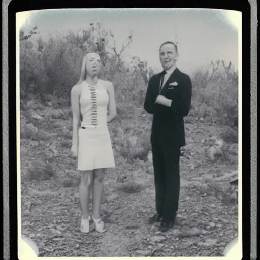 Image similar to polaroid photograph of horrorific extraterrestrial beings visiting earth, 1 9 5 0