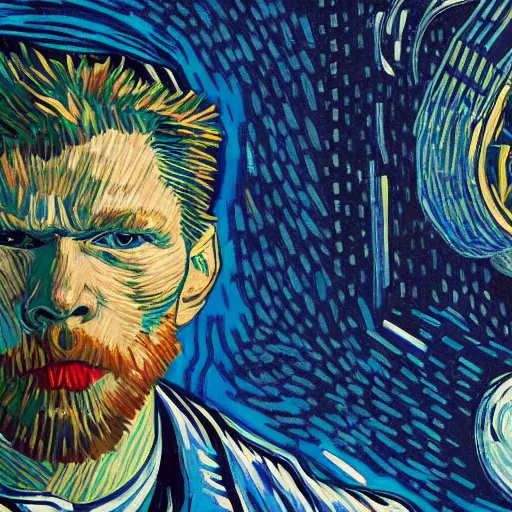 Image similar to Illustrated by Shepard Fairey and Greg Rutkpwski | Cyberpunk Van Gogh with VR helmet, surrounded by cables