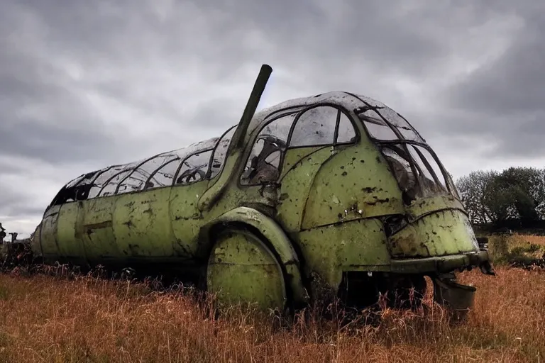 Prompt: beautiful english countryside, a ginormous destroyed dieselpunk machine lies broken in a field, fire and oil
