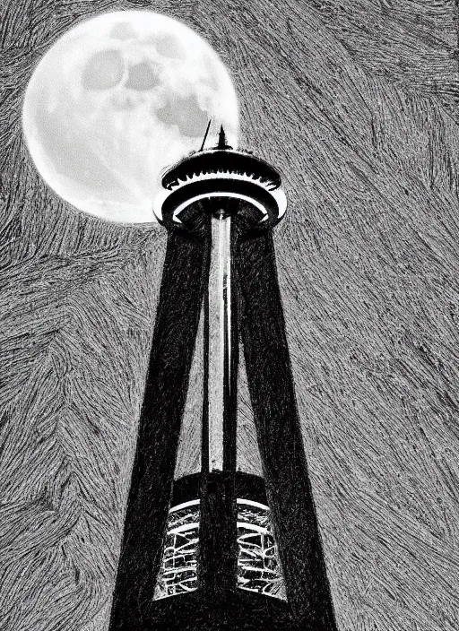 Image similar to king kong on the Seattle Space Needle at night, with moon in background, dark colors, sinister atmosphere, dramatic lighting, cinematic, establishing shot, extremely high detail, photo realistic, cinematic lighting, pen and ink, intricate line drawings, by Yoshitaka Amano, Ruan Jia, Kentaro Miura, Artgerm, post processed, concept art, artstation, matte painting, style by eddie mendoza, raphael lacoste, alex ross