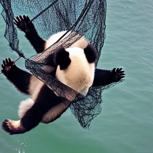 Image similar to panda caught in fishing net, zenith view,