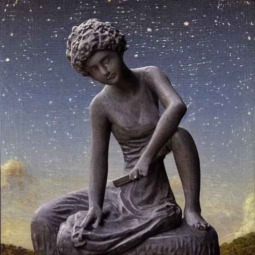 Image similar to A beautiful sculpture featuring a night sky filled with stars, and a small town in the distance. The sculpture is very peaceful and calming mac and cheese by Jules Bastien-Lepage ordered, desaturated