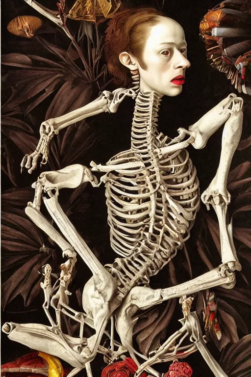 Image similar to Detailed maximalist portrait with large lips and with large white eyes, exasperated expression, extra fleshing limbs, botany bones, HD mixed media, 3D collage, highly detailed and intricate, surreal illustration in the style of Caravaggio, dark art, baroque