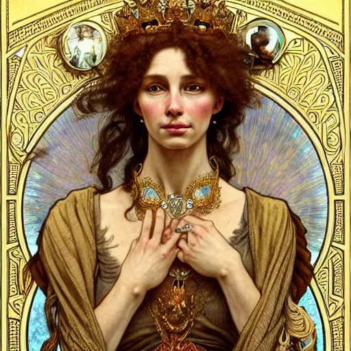 Prompt: highly detailed portrait of a majestic lioness queen as a beautiful woman. d & d, art by anton pieck and augustus edwin mulready and alphonse mucha and magali villeneuve. trending on artstation, intricate details, energetic composition, golden ratio, concept art, illustration, elegant art