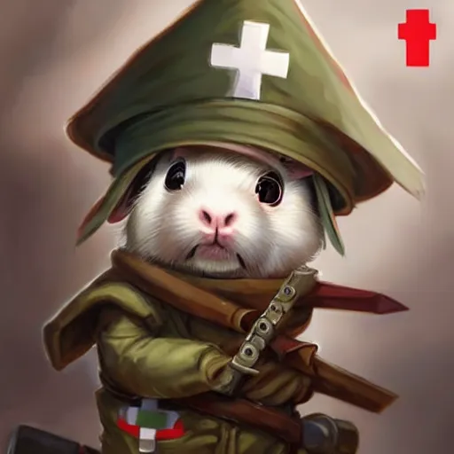 Image similar to cute little anthropomorphic Guinea Pig Field Medic, tiny, small, short, Modern Field medic with red cross, cute and adorable, pretty, beautiful, DnD character art portrait, matte fantasy painting, DeviantArt Artstation, by Jason Felix by Steve Argyle by Tyler Jacobson by Peter Mohrbacher, cinema