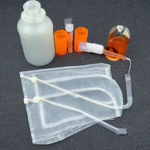 Image similar to musical instrument made out of clear tubing, syringes, urine collection bag, iv pole, fluid bag, nebulizer equipment