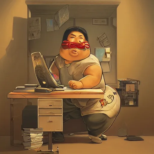 Image similar to a insanely detailed painting of a chubby masked asian man wearing a costume sitting at a desk, staring at the nervously at the computer typing, in the style of peter mohrbacher, dramatic lighting and composition, trending on artstation, concept art, comic book