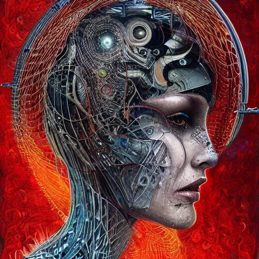 Prompt: a portrait of a woman with mechanical patterns by android jones and hr giger