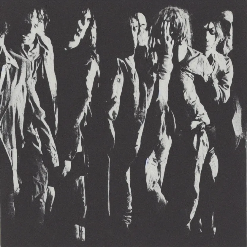 Image similar to four men standing next to each other, an album cover by Syd Barrett, pinterest, mannerism, antichrist, flickering light, 1970s