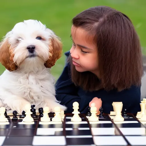 Prompt: light brown and black havanese puppy playing chess against a young girl