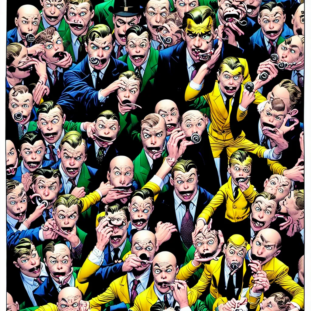 Image similar to drawing of gotham city's finest investigative reporter jack ryder with 1 4 tiny jokers reaching out of his mouth, 4 k art by brian bolland, graphic novel cover art