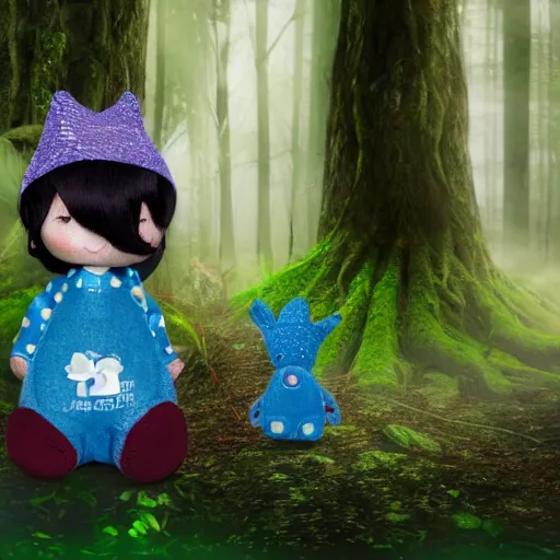 Image similar to blue'snappy gifts'logo doll in magical forest, gifts, dark atmosphere, high detail, soft lighting, 8 k