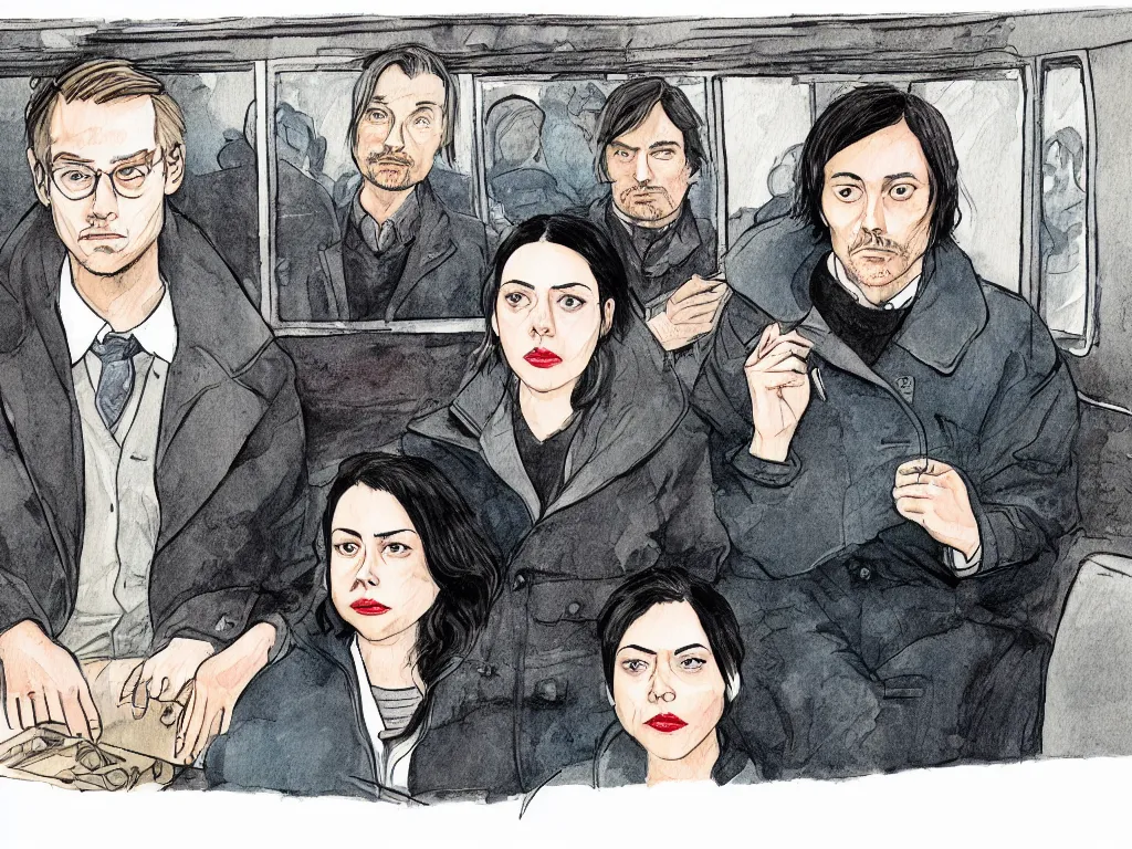 Image similar to a tight detailed ink and watercolor drawing in the style of Adrian Tomine, 3/4 low view close shot of two people sitting in a Chicago subway train: a sad Aubrey Plaza in a parka and a friendly Mads Mikkelsen in a suit