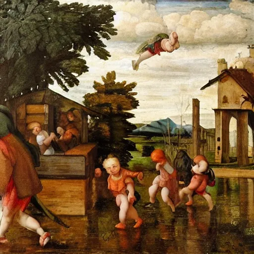 Image similar to children playing in the rain, painting, style of high renaissance period