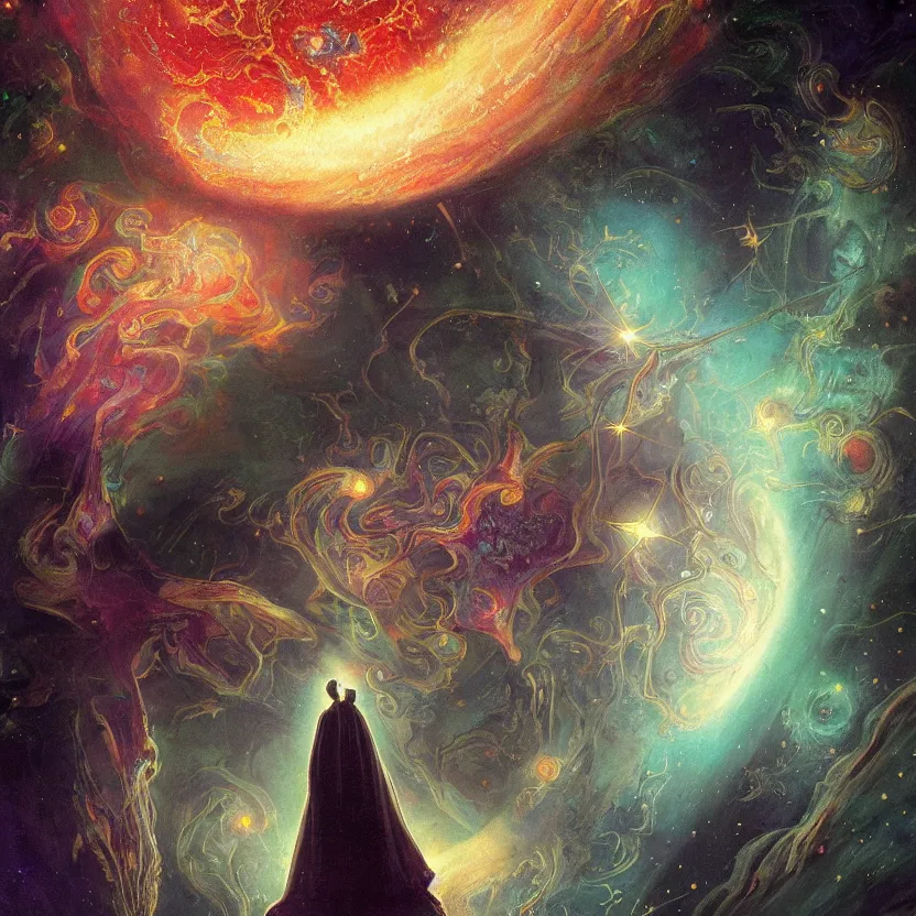 Prompt: a close - up view portrait of a silhouetted cosmic being gazing into the universe, iridescent metallic technology. sci - fi ornate baroque neoclassicist designs. detailed textures. glowing colorful fog, dark black background. highly detailed fantasy science fiction painting by moebius, norman rockwell, frank frazetta, and syd mead. rich colors, high contrast. artstation