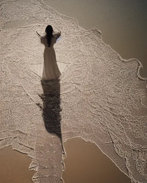 Prompt: a woman standing at the shore, made of intricate decorative lace leaf skeleton, shot from a drone, in the style of the dutch masters and gregory crewdson, dark and moody