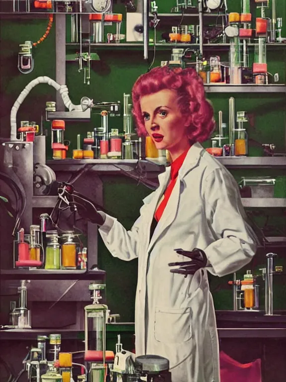 Image similar to a female mad scientist in a lab coat building a partially - built!!! retro!!! robot!!!, in a darkly lit laboratory room surrounded by test tubes and jars, 1 9 5 0 s horror film movie poster style, ( norman rockwell oil painting ), retro vintage, saturated pink and green lighting, shadowy lighting