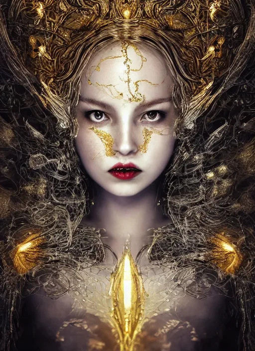 Image similar to glowing silver and golden elements, full close-up portrait, female model, dark witch, book cover, green forest, white moon, red lips, establishing shot, extremly high detail, photo-realistic, cinematic lighting, pen and ink, intricate line drawings, by Yoshitaka Amano, Ruan Jia, Kentaro Miura, Artgerm, post processed, concept art, artstation, matte painting, style by eddie, raphael lacoste, alex ross