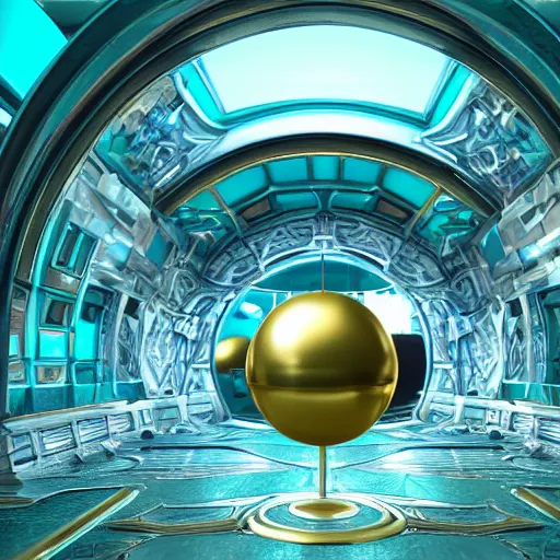 Image similar to abstract intertwining hyper detailed hardsurface modelled 3 d geometry, in the distance is a tarnished gold sphere, depth, wide angle, insanely detailed and intricate,, teal, gold, silver red, paradise hospital environment unreal engine